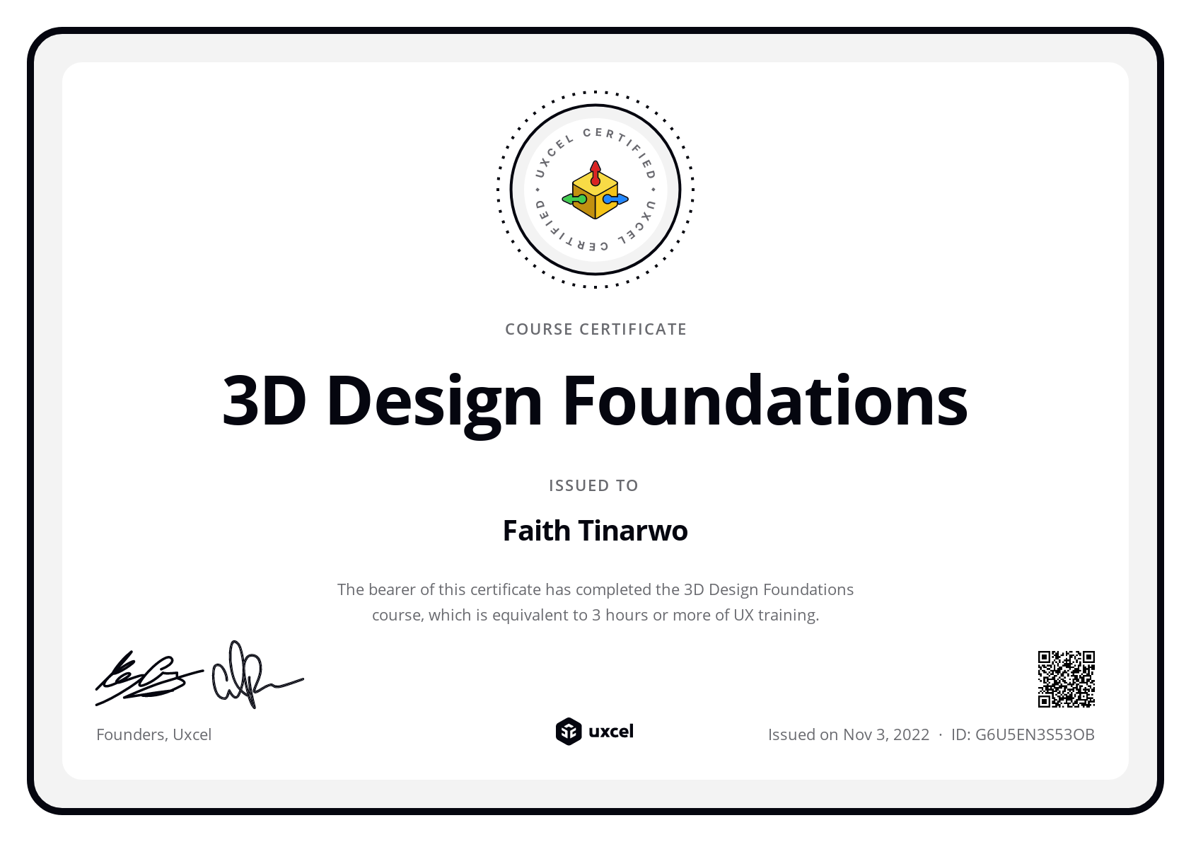 Faith Tinarwo's certificate